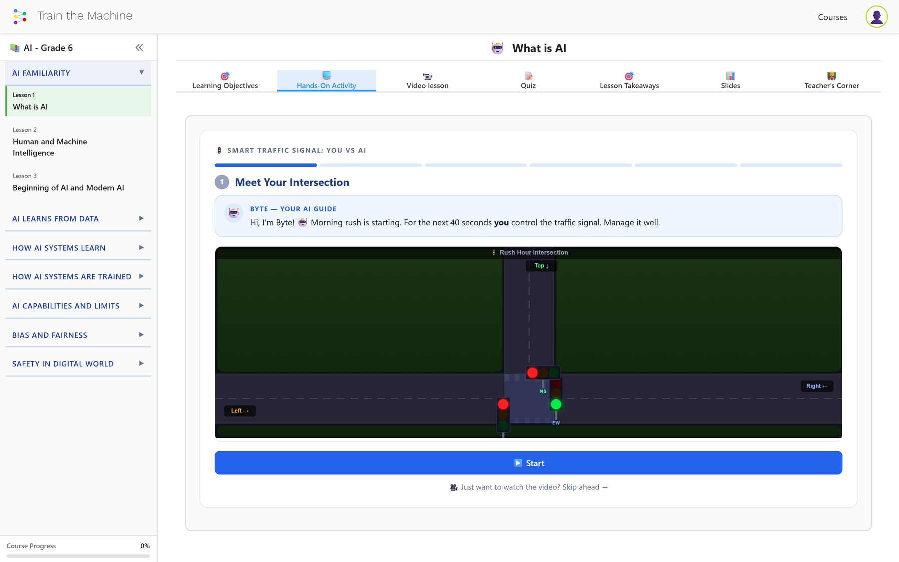Hands-On Activity tab of an AI Grade 6 lesson