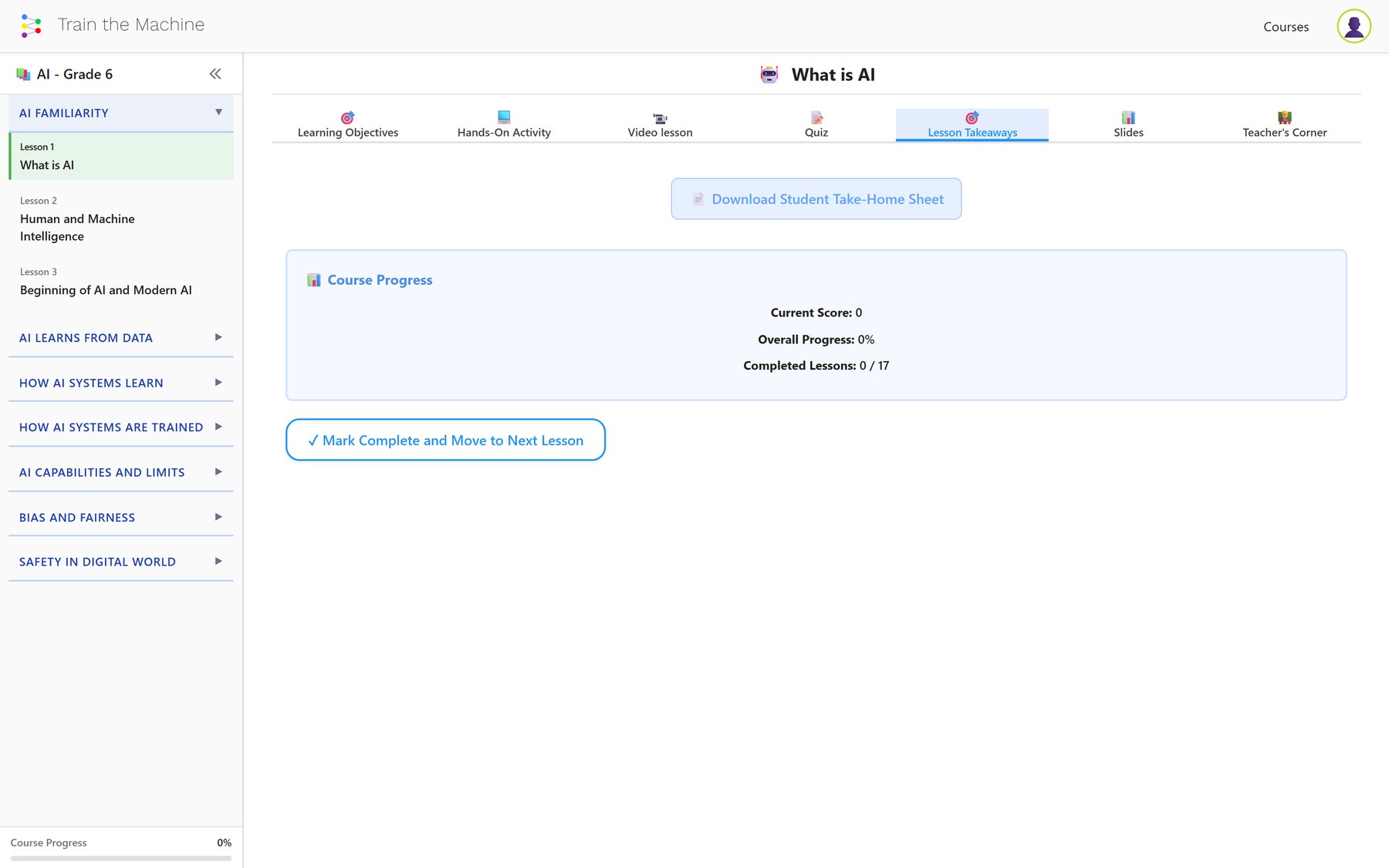 Lesson Takeaways tab of an AI Grade 6 lesson